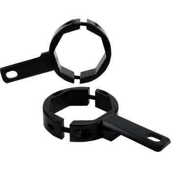 Two black, octagonal metal clamps with handles and screw holes serve as Denali Mount - Driving Light - 50-60 mm, adjustable mounts for securely attaching driving lights to pipes or tubes.