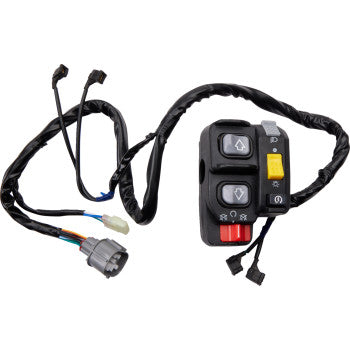The Honda Switch Block Assembly by Moose Offroad features a black design with multiple buttons, wires, and connectors—ideal as a replacement handlebar block for motorcycles or ATVs. Includes arrow indicators, yellow reverse override, and red button.