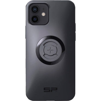 The SPC+ Phone Case iPhone® 12 Pro by Sp Connect is a sleek black case with a central circular magnetic ring for MagSafe compatibility, SP branding at the bottom, and a back design showcasing the camera and integrated magnetic mount.