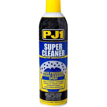 A 13oz can of PJ1 Super Cleaner California Compliant, a high-pressure spray that cleans and degreases brakes, featuring a yellow cap with blue, yellow, black, and white packaging.