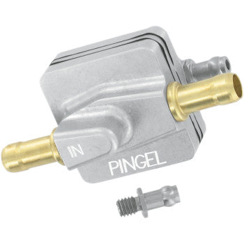 The image shows a Pingel Vacuum In-Line Fuel Valve for motorcycles, made of billet aluminum with silver and brass finishes, labeled "IN" on one side, next to a small separate fitting, all against a white background.
