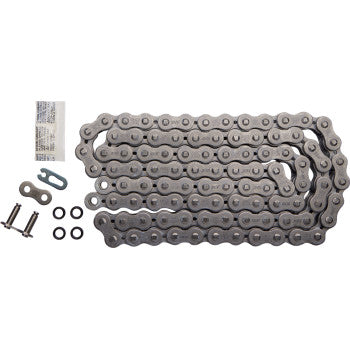 A 520 SRX2 Drive Chain 98 Links by Ek is laid out with joining links, rubber O-rings, lubricant packet, and a master link on a white background. Its OEM replacement design ensures durability and reduced friction for your ride.