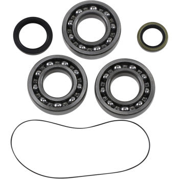 The Polaris Crankshaft Main Bearings and Seal by Hot Rods includes three ball bearings, two rubber seals, and one rubber belt on a white background—perfect for main bearing kits or Hot Rods crankshaft assemblies.
