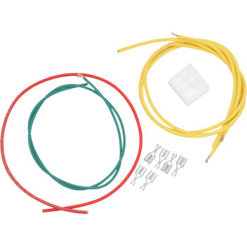 Yellow, red, and green insulated wires with a white plastic connector and metal crimp terminals kit.