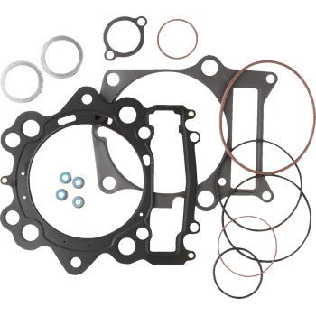 The Yamaha Top End EST Gasket Kit 105.5 mm by Cometic, featuring assorted gaskets, seals, and washers in various shapes, is laid out on a white background—ideal for automotive or mechanical top end gasket replacements.