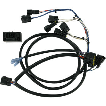 A set of black wiring harnesses for the Arctic Cat Non Programmable Ignition System by Dynatek, featuring multiple connectors and visible colored wires, is displayed on a white background with an inset close-up of one connector.