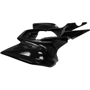 The Rear Fender Black by Maier features an aerodynamic design with smooth curves, sharp angles, and functional cutouts. Crafted from high-density polyethylene, this glossy black motorcycle fairing part is shown on a white background.