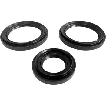 Three black NBR seals from the Epi Differential Seal Kit Rear, recognized for oil resistance, are arranged on a white background—two at the top and one centered below—making them ideal for differential rebuilds.