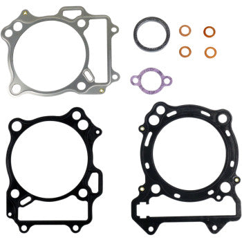 The Athena 94 mm Cylinder Gasket Kit for Kawasaki, Suzuki, and Arctic Cat includes assorted gaskets and seals—black, silver, purple, round ring, and four copper washers—perfect for engine repairs. Displayed on a white background.