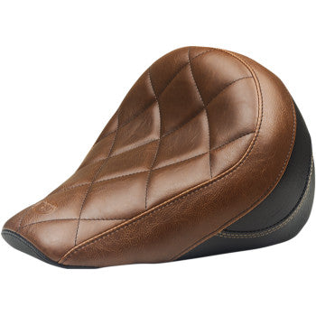 The Solo Seat - Brown by Mustang for Indian Scout features a rich brown leather finish, quilted diamond-stitched top, and contrasting black side accents.