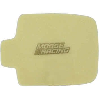 The Arctic Cat Air Filter by Moose Offroad is a rectangular, pale yellow two-layer foam filter with a small side extension and "MOOSE RACING" printed in gray at the center.