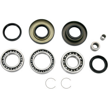 The Honda Differential Bearing Seal Kit Rear by Moose Offroad, including EMQ bearings, rubber seals, snap rings, and small components, is arranged neatly on a white background.