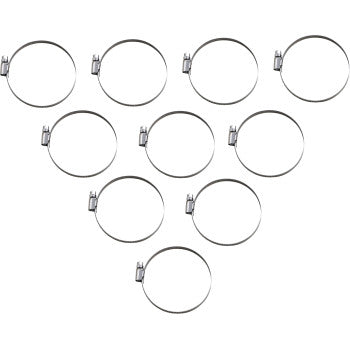 Ten Parts Unlimited Embossed Hose Clamps (60-80 mm, 9 mm band) are arranged in an upside-down triangle on a white background.