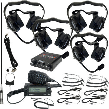 The Intercom Radio and Headset Kit 4 Seat Black by Navatlas includes four black noise-cancelling headsets with microphones, a control box, dual band radio, antenna, mounting hardware, cables, and adapters arranged on a white background.