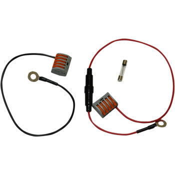 The Magic Power Blocks™ by Custom Dynamics include two wiring harnesses with ring terminals, gray-orange wire connectors, red and black wires, an inline fuse holder, and a glass fuse for safe accessory installation.