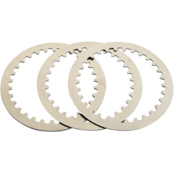 Three Steel Clutch Plates by Moose Offroad with notched inner edges are displayed overlapping on a white background—ideal for riders seeking increased flywheel effect and enhanced durability in their clutch plate setup.