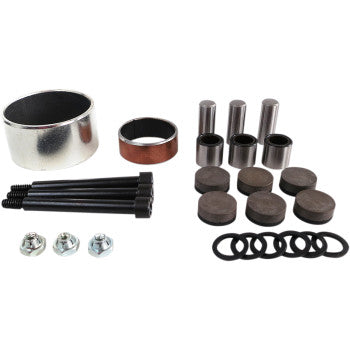 Clutch Rebuild Kit by Epi: assorted metal bushings, bolts, nuts, washers, and pins neatly arranged on a white background—perfect for primary or comprehensive clutch rebuilds.