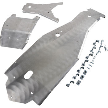 The Full Skid Plate 3 Piece by Moose Offroad includes three brushed metal plates with cut-out holes, plus bolts, washers, and mounting brackets. Arranged on a white background. Made in the USA.