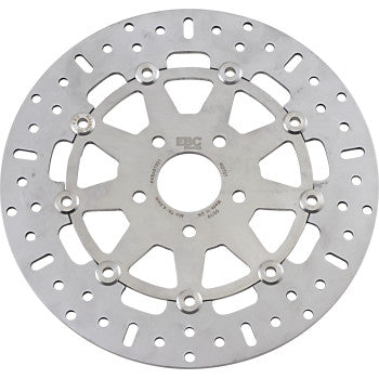 The EBC Pro-Lite 1999-2000 V92 brake rotor is a silver metal disc with circular holes, slots for ventilation, and bolt holes around the center. The EBC logo is engraved. View shown from above against a white background.