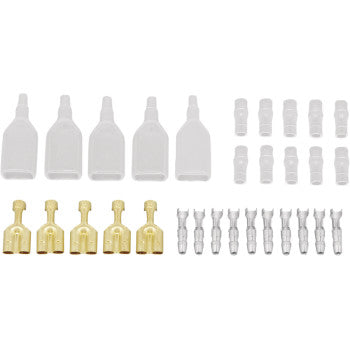 The Terminal Sets Dual Female by Shindy includes rust-proof gold male terminals, four white plastic covers, and multiple small silver dual female terminals, all arranged neatly on a white background.