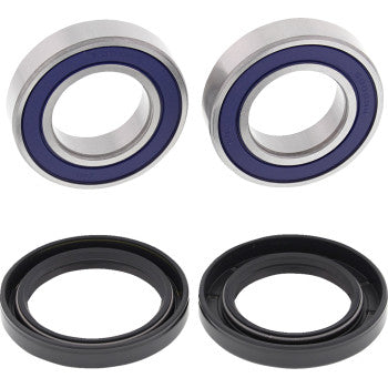 The Yamaha Grizzly Wheel Bearing Kit Rear by Moose Offroad for Yamaha YFZ and Raptor includes two metal ball bearings with blue inner rings and two black rubber wheel seals, all displayed on a white background.