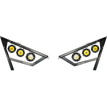 The Polaris RZR Headlight by Heretic features black, triangular CNC aircraft-grade aluminum brackets, each with three circular yellow and white CREE LEDs, shown against a white background.