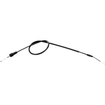 The Yamaha Black Vinyl Throttle Cable 35 5/8" by Moose Offroad features a steel inner, metal ends, and black PVC jacket. It is partially coiled in the middle and straight at both ends, isolated on a white background.