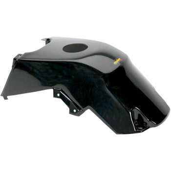 The Yamaha Warrior Tank Cover Black by Maier, made from high-density polyethylene with an OEM-matched shiny black finish and circular top opening, is shown on a white background.