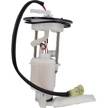 The CF Moto Fuel Pump Module Kit by All Balls features a white plastic housing, OEM replacement fuel pump, black hose, electrical wiring, metal springs, and connectors—all shown against a plain background.