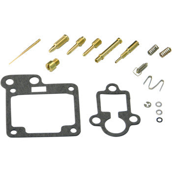 The Yamaha Carburetor Repair Kit by Shindy includes jet needle sets, float valves, brass jets, springs, gaskets, O-rings, and metal parts—all neatly arranged on a white background.