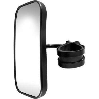 The Mirror Side View Rectangle Black by Parts Unlimited features a black frame, adjustable clamp mount, and shatter-resistant design for vehicles or equipment, displayed against a white background.