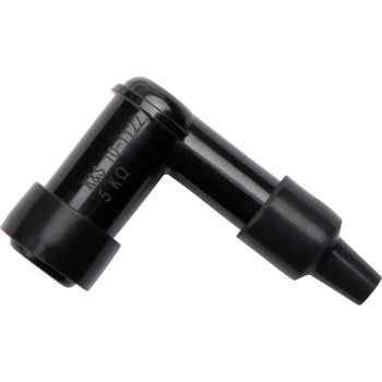 The Spark Plug Resistor Cover 90° Elbow Type by Moose Offroad is a black, L-shaped cylindrical cap with printed markings, two open ends for spark plug and ignition wire connection, waterproof caps, and built-in ceramic resistors for reliable performance.