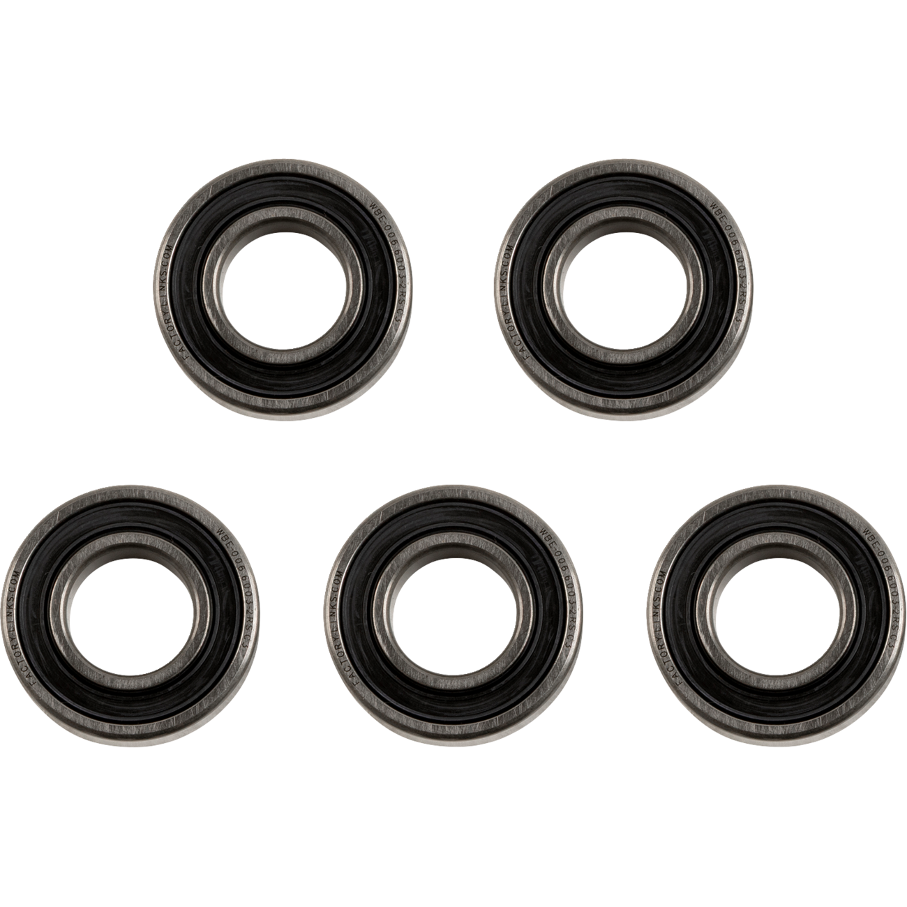 The bearings in the image are metal with black rubber seals visible on the sides and are clearly marked with part numbers, while the separate seal is entirely black and marked with "Factory Links" and dimensions