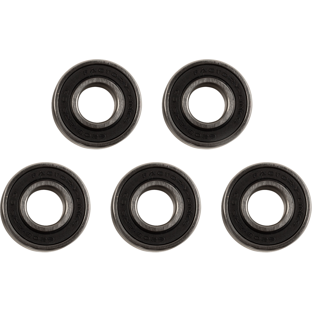 The bearings in the image are metal with black rubber seals visible on the sides and are clearly marked with part numbers, while the separate seal is entirely black and marked with "Factory Links" and dimensions