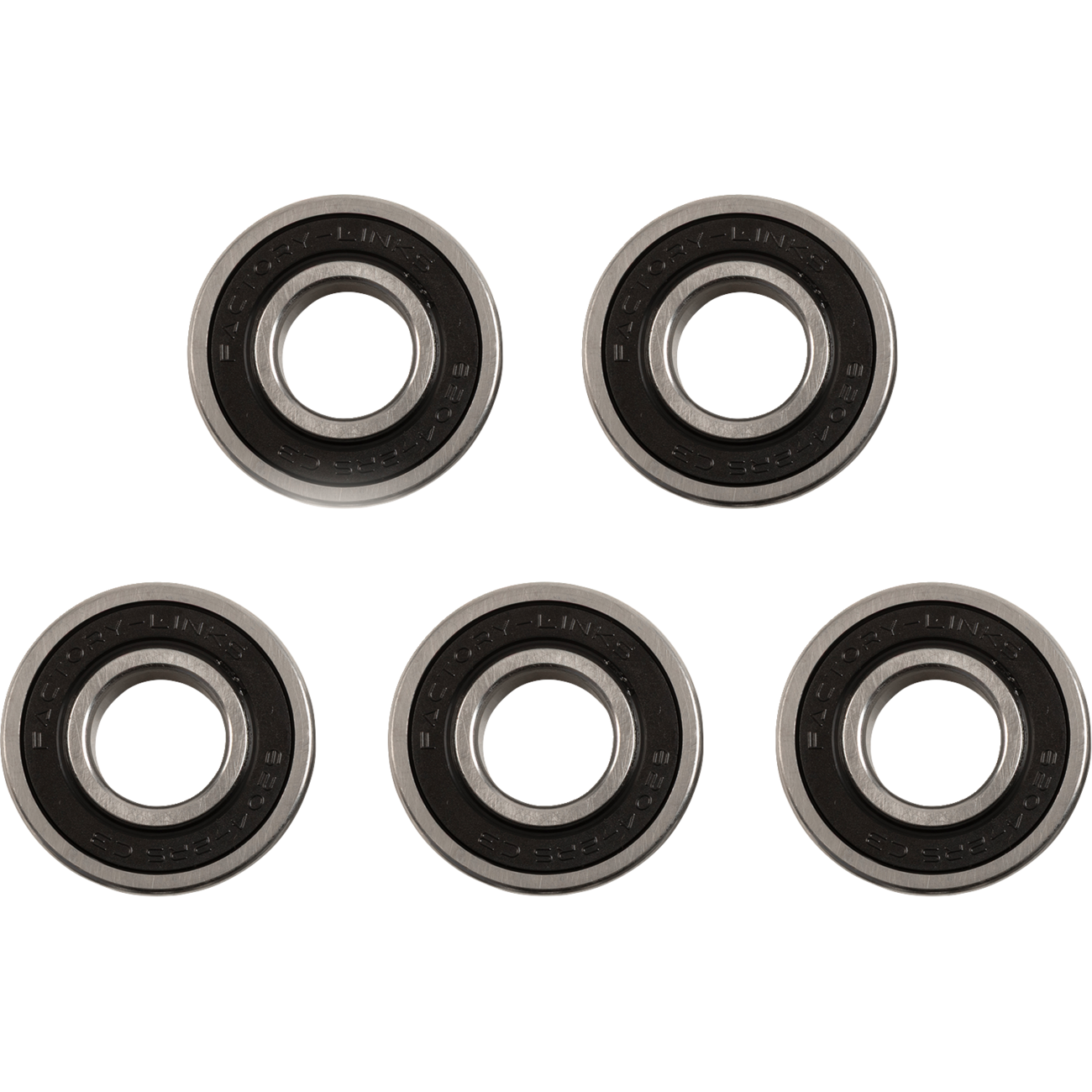 The bearings in the image are metal with black rubber seals visible on the sides and are clearly marked with part numbers, while the separate seal is entirely black and marked with "Factory Links" and dimensions
