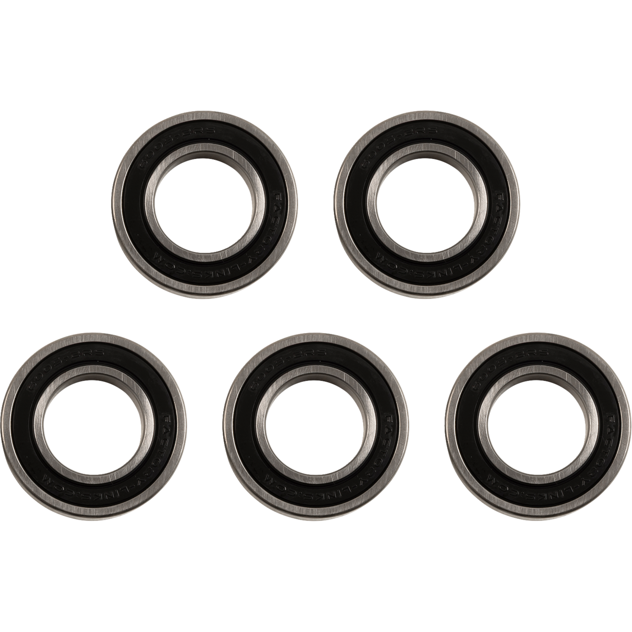 The bearings in the image are metal with black rubber seals visible on the sides and are clearly marked with part numbers, while the separate seal is entirely black and marked with "Factory Links" and dimensions