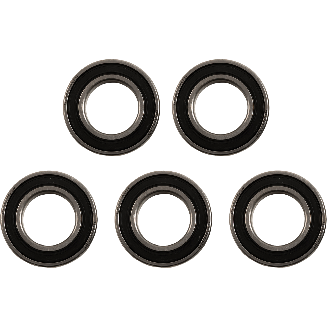 The bearings in the image are metal with black rubber seals visible on the sides and are clearly marked with part numbers, while the separate seal is entirely black and marked with "Factory Links" and dimensions