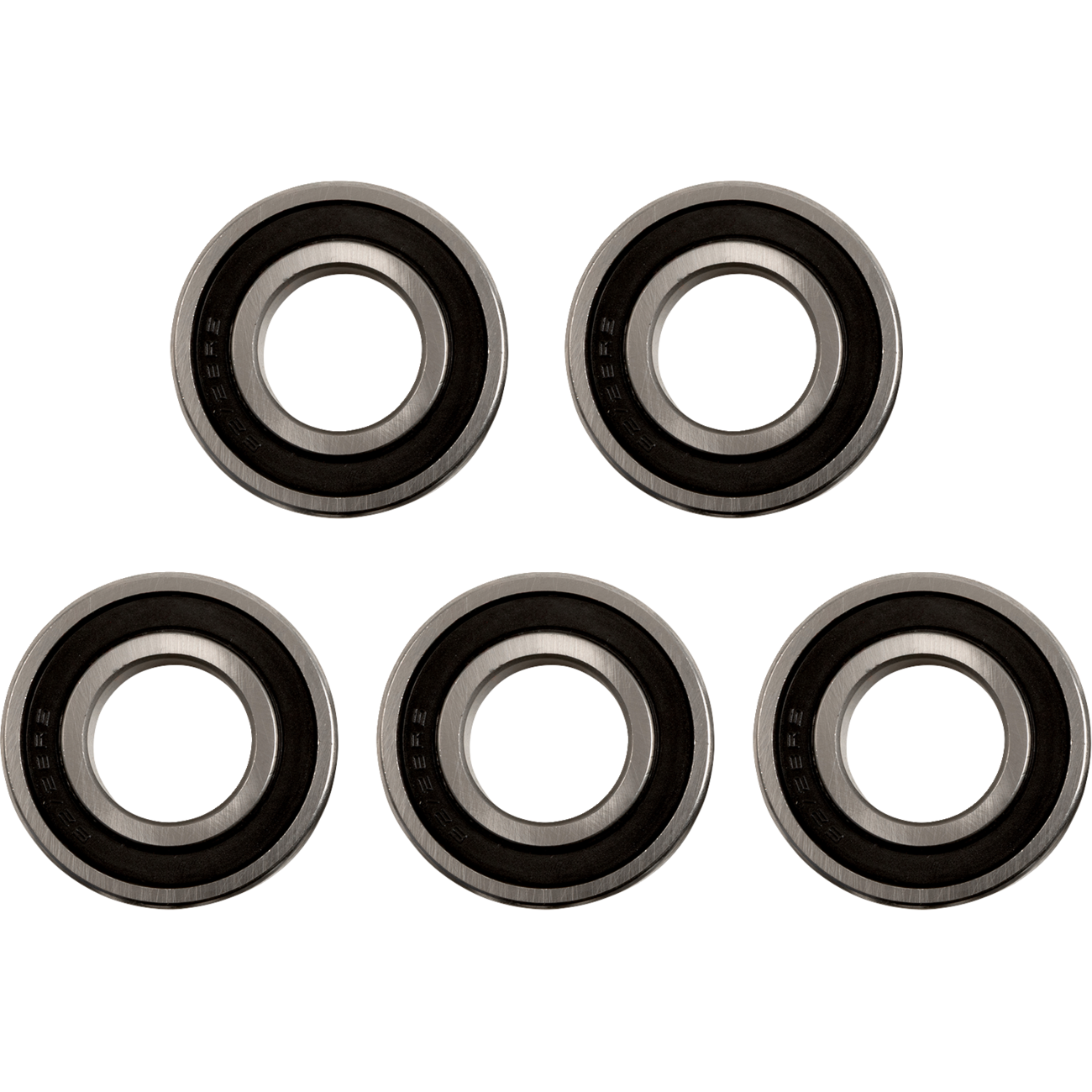 The bearings in the image are metal with black rubber seals visible on the sides and are clearly marked with part numbers, while the separate seal is entirely black and marked with "Factory Links" and dimensions