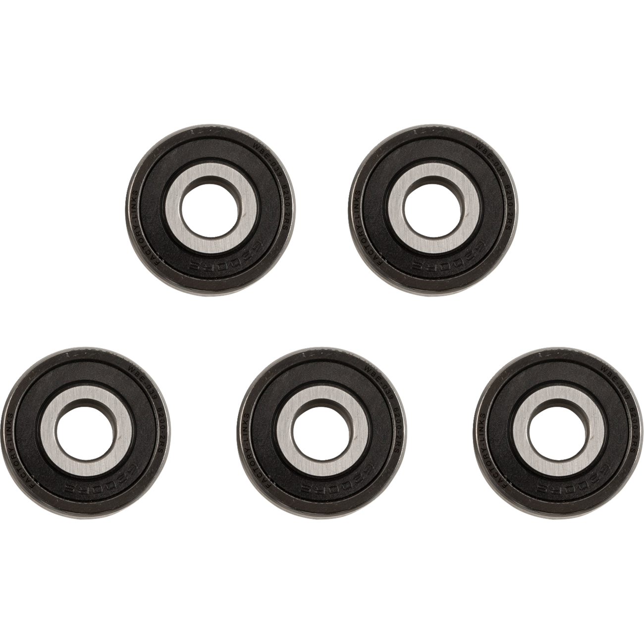 The bearings in the image are metal with black rubber seals visible on the sides and are clearly marked with part numbers, while the separate seal is entirely black and marked with "Factory Links" and dimensions