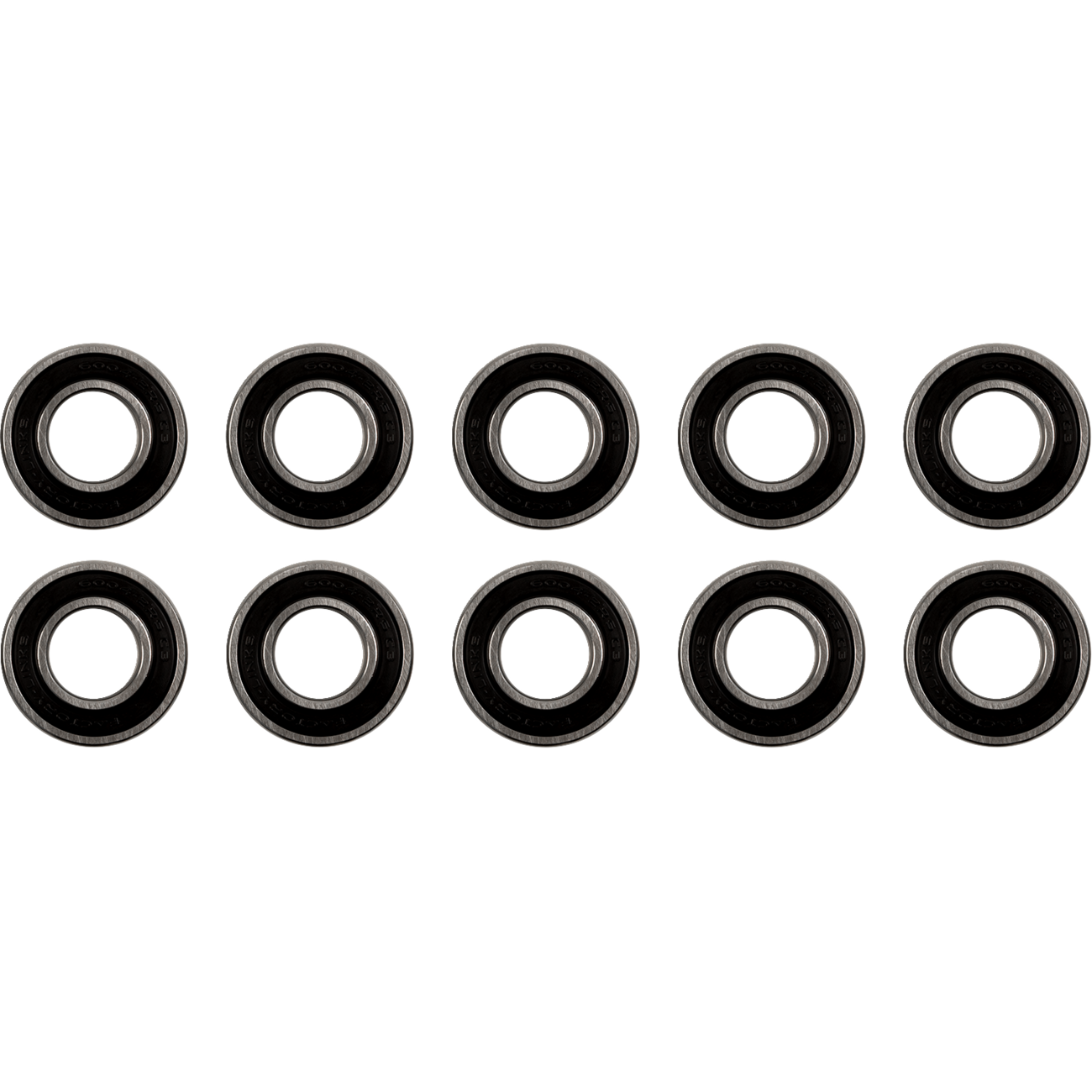 The bearings in the image are metal with black rubber seals visible on the sides and are clearly marked with part numbers, while the separate seal is entirely black and marked with "Factory Links" and dimensions