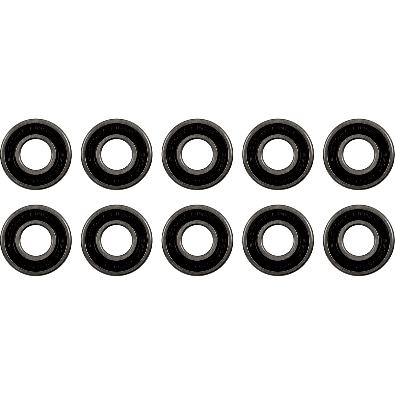 The bearings in the image are metal with black rubber seals visible on the sides and are clearly marked with part numbers, while the separate seal is entirely black and marked with "Factory Links" and dimensions