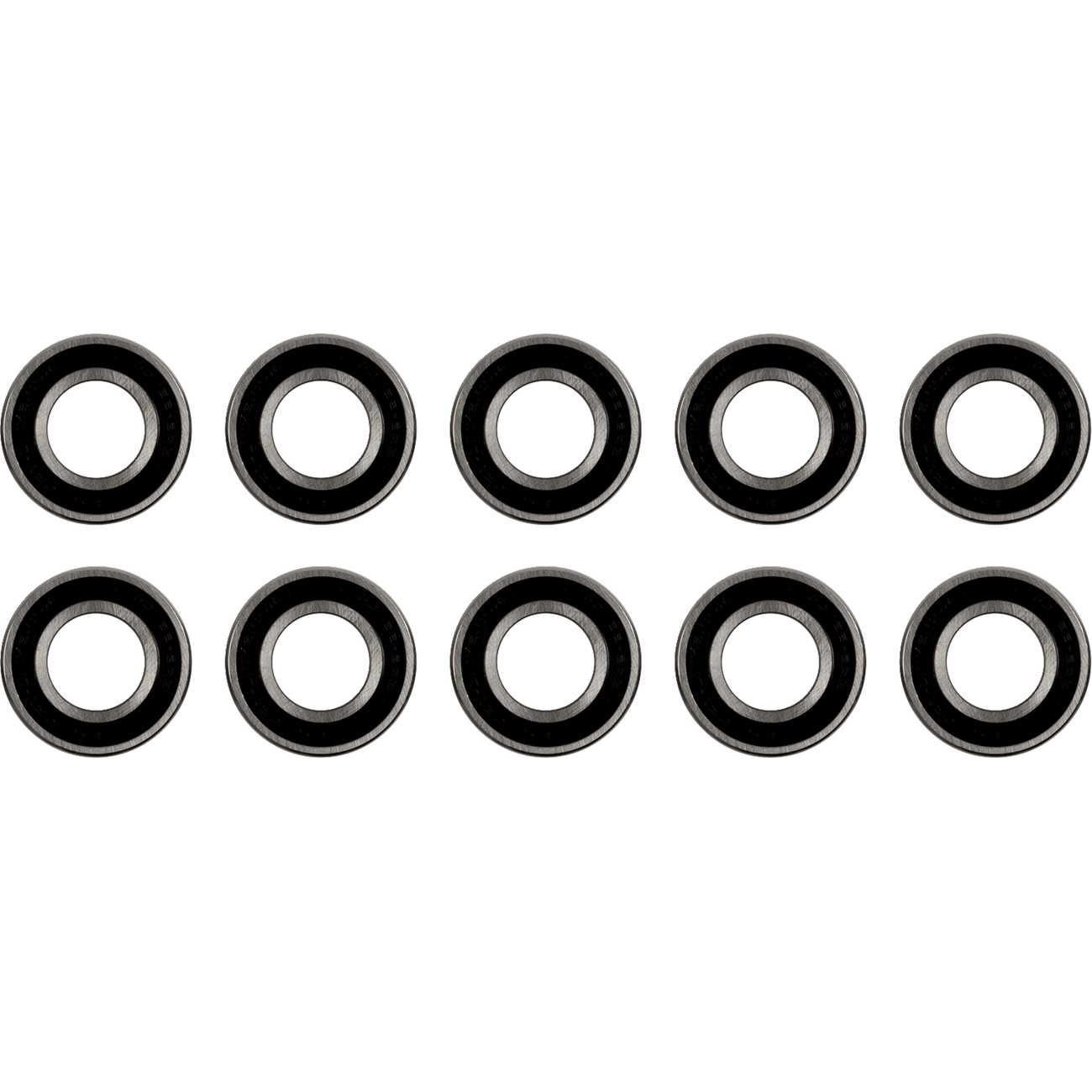 The bearings in the image are metal with black rubber seals visible on the sides and are clearly marked with part numbers, while the separate seal is entirely black and marked with "Factory Links" and dimensions