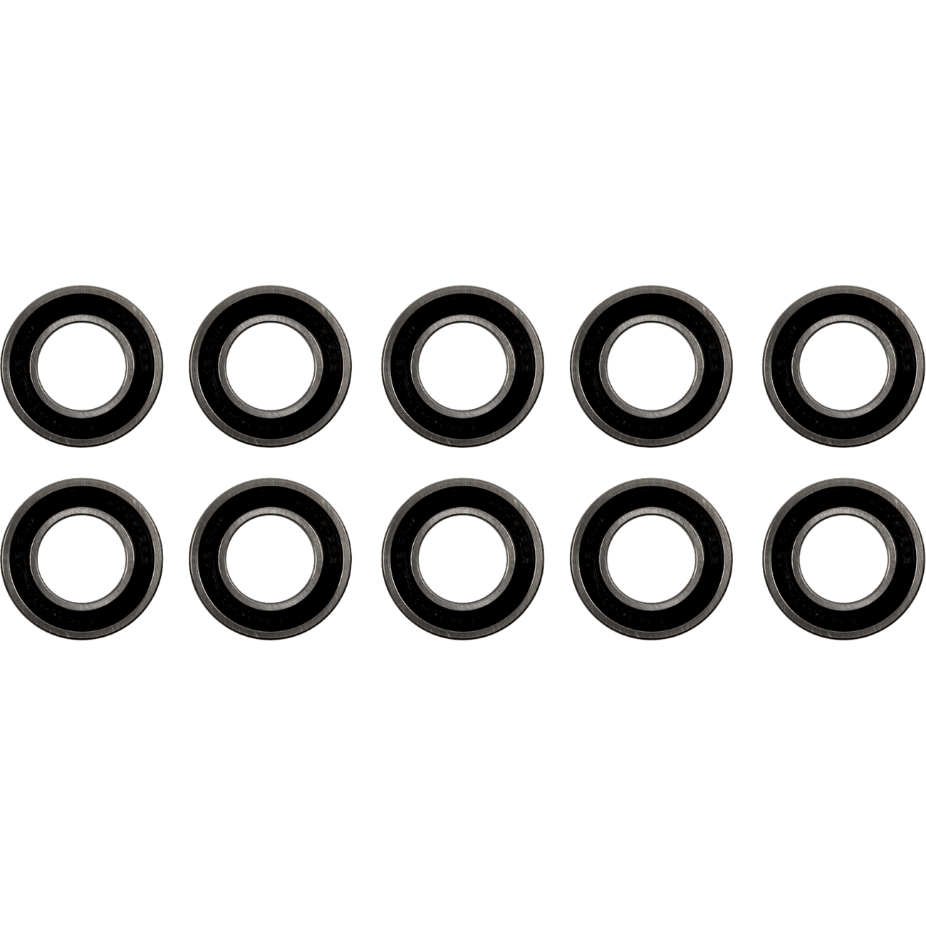 The bearings in the image are metal with black rubber seals visible on the sides and are clearly marked with part numbers, while the separate seal is entirely black and marked with "Factory Links" and dimensions