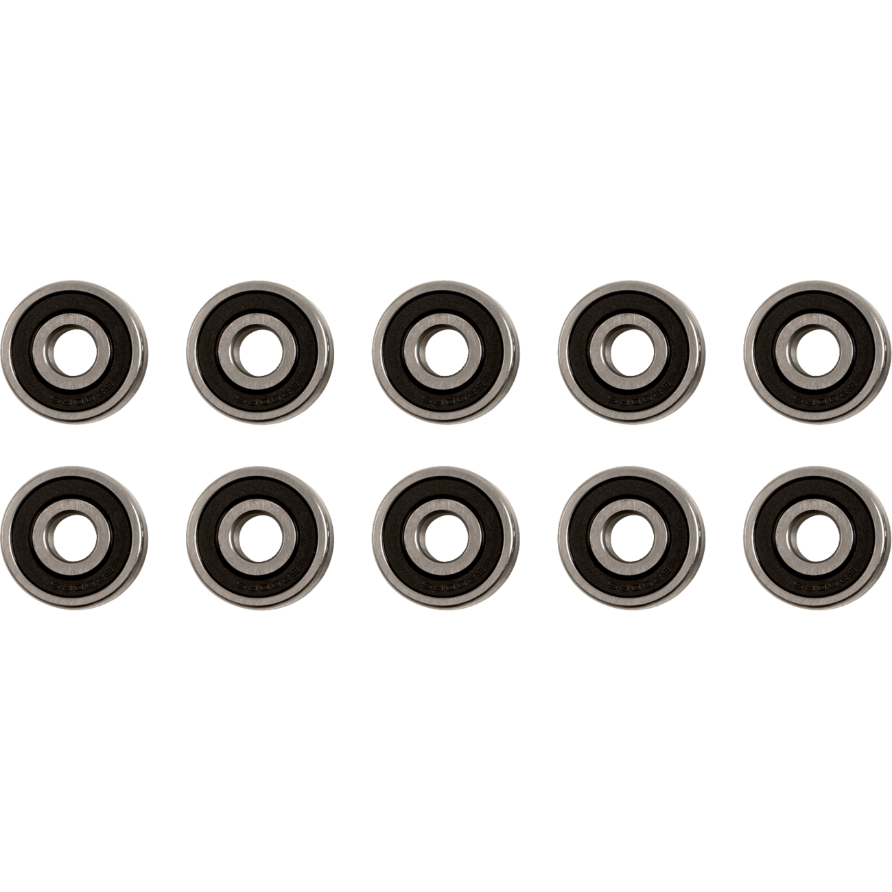 The bearings in the image are metal with black rubber seals visible on the sides and are clearly marked with part numbers, while the separate seal is entirely black and marked with "Factory Links" and dimensions