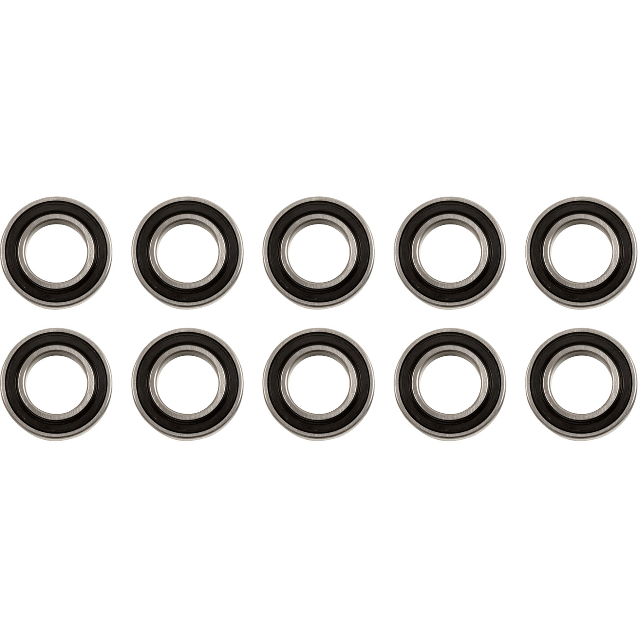 The bearings in the image are metal with black rubber seals visible on the sides and are clearly marked with part numbers, while the separate seal is entirely black and marked with "Factory Links" and dimensions