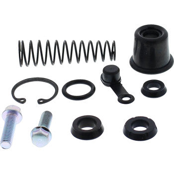 The Master Cylinder Rebuild Kit Rear by All Balls, shown on a white background, includes two bolts, a coil spring, rubber gaskets, washers, a snap ring, and a black rubber cap.