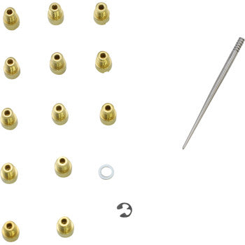 The Yamaha Jet Kit Stage 1/2 by Dynojet includes twelve small brass adjustable nozzles, a metal washer, a #3 jet, and a metallic needle—perfect for fine-tuning or boosting your stock engine’s performance.