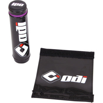 Neoprene Grip Covers by Odi come in a black cylinder with a purple band near the lid and a black pouch, both with the ODI logo in white and red, offering a factory-new look while keeping your bike grips clean.