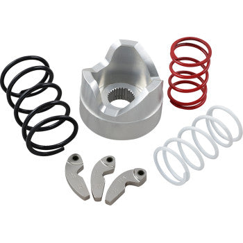 The Clutch Kit by Epi, shown on a white background, features a silver gear-like component, three metal levers, two black springs, one red spring, and one white spring—perfect for enhancing throttle response.