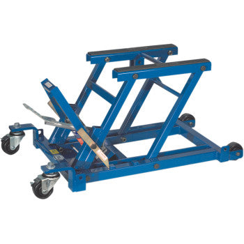Blue steel ATV multi lift jack with scissor design and caster wheels for mobility.